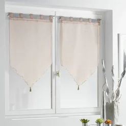 Vitrage à pattes voile uni taupe finition pointe pompon 60x90 cm x2 < Gifi Discount